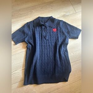 Dark Navy Cable Knit Polo Women’s Sweater Red Heart Patch Thick Knit Size S-M